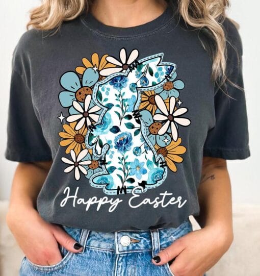 Happy Easter Bunny T-Shirt, Floral Easter T-shirt, Bunny Shirt, Coquette Easter Shirt - Image 6