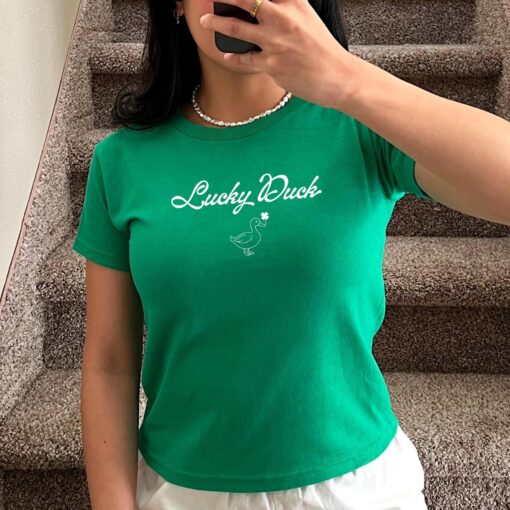 Lucky Duck Baby Tee, St Patricks Day Baby Tee, Lucky Irish Girl Croptop, Y2K Style, Vintage Artwork Womens Retro Shirt - Image 5
