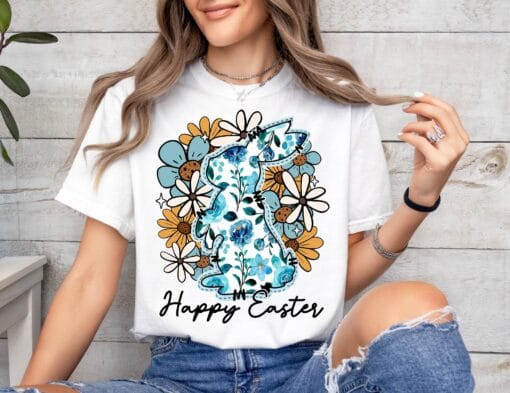 Happy Easter Bunny T-Shirt, Floral Easter T-shirt, Bunny Shirt, Coquette Easter Shirt - Image 5
