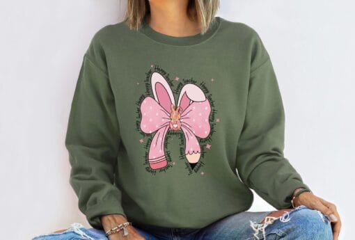 Happy Teacher Coquette Bow Easter Bunny Sweatshirt, Gift For Teacher, Spring School Sweater - Image 3