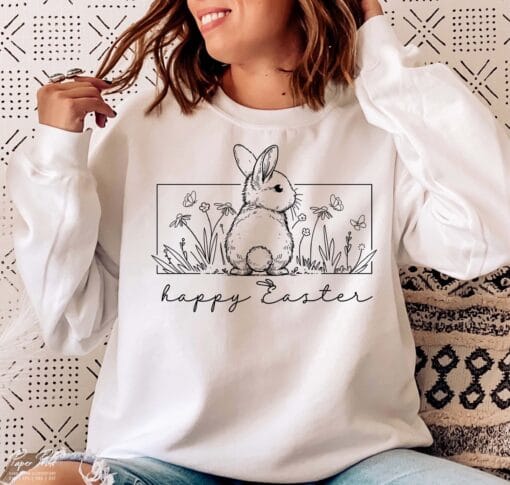 Happy Easter Sweatshirt, Floral Bunny Sweatshirt, Spring Sweater, Flowers Sweater, Easter Shirt