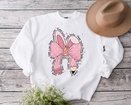 Happy Teacher Coquette Bow Easter Bunny Sweatshirt, Gift For Teacher, Spring School Sweater - Image 2