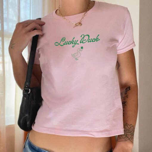 Lucky Duck Baby Tee, St Patricks Day Baby Tee, Lucky Irish Girl Croptop, Y2K Style, Vintage Artwork Womens Retro Shirt - Image 4