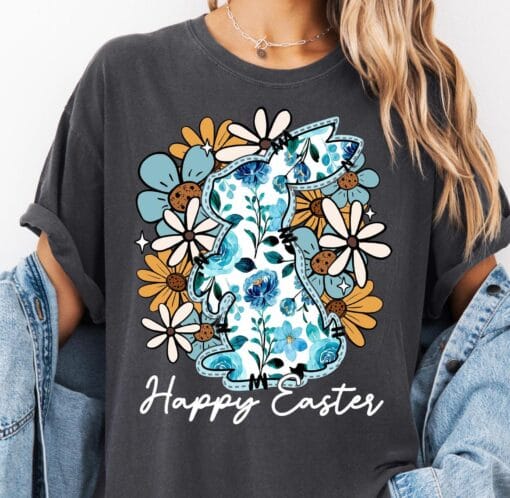 Happy Easter Bunny T-Shirt, Floral Easter T-shirt, Bunny Shirt, Coquette Easter Shirt - Image 3
