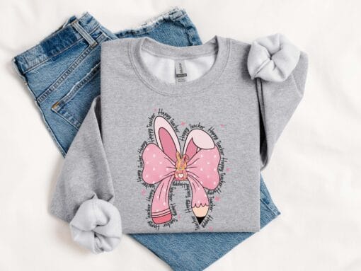 Happy Teacher Coquette Bow Easter Bunny Sweatshirt, Gift For Teacher, Spring School Sweater - Image 6