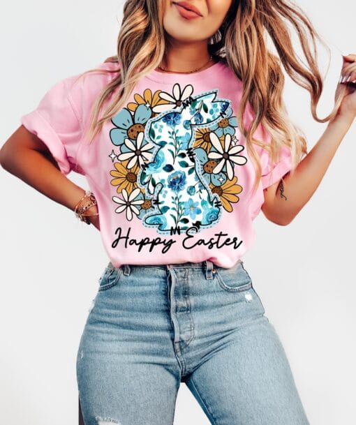 Happy Easter Bunny T-Shirt, Floral Easter T-shirt, Bunny Shirt, Coquette Easter Shirt - Image 2