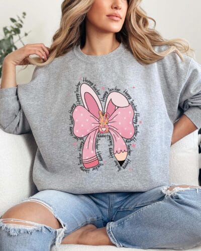Happy Teacher Coquette Bow Easter Bunny Sweatshirt, Gift For Teacher, Spring School Sweater