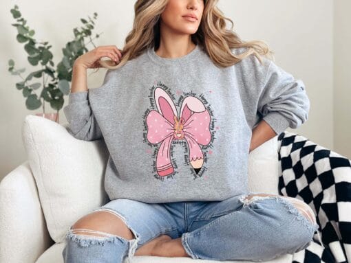 Happy Teacher Coquette Bow Easter Bunny Sweatshirt, Gift For Teacher, Spring School Sweater