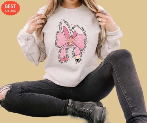Happy Teacher Coquette Bow Easter Bunny Sweatshirt, Gift For Teacher, Spring School Sweater - Image 4