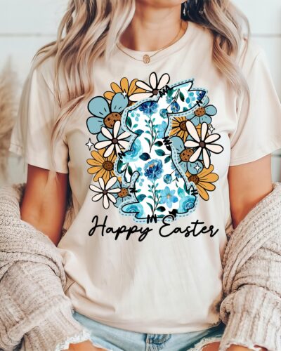 Happy Easter Bunny T-Shirt, Floral Easter T-shirt, Bunny Shirt, Coquette Easter Shirt