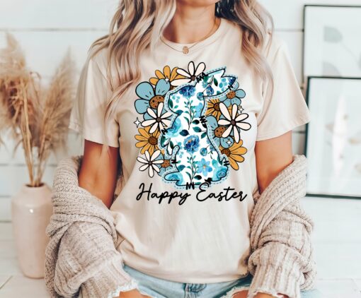 Happy Easter Bunny T-Shirt, Floral Easter T-shirt, Bunny Shirt, Coquette Easter Shirt