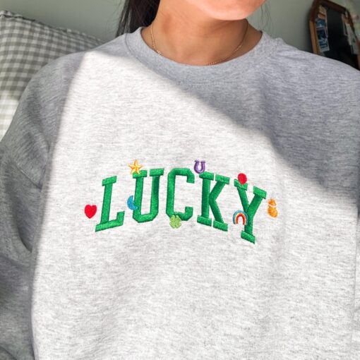 Lucky Embroidered Sweatshirt, Cute Saint Patrick's Day Retro Crewneck, Lucky Charms Sweater
