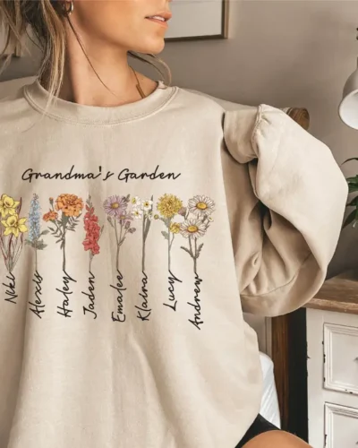 Grandma's Garden Sweatshirt, Custom Birthflower Sweatshirt, Gift for Grandma, Love Grows Here, Mom's Garden