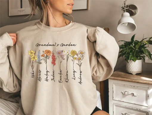 Grandma's Garden Sweatshirt, Custom Birthflower Sweatshirt, Gift for Grandma, Love Grows Here, Mom's Garden