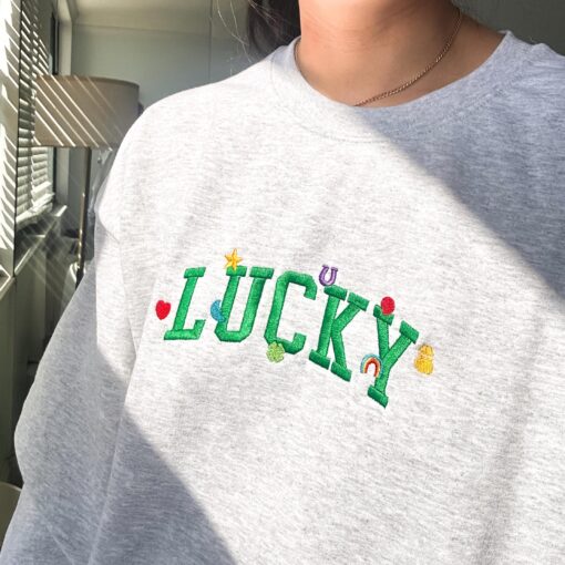 Lucky Embroidered Sweatshirt, Cute Saint Patrick's Day Retro Crewneck, Lucky Charms Sweater - Image 2